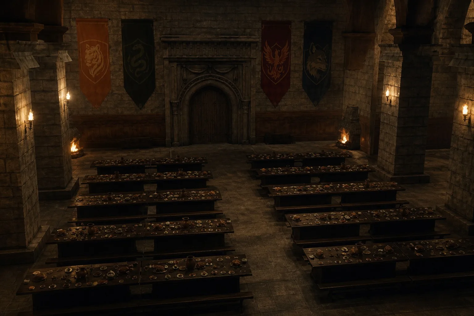 La grande salle et les bannières des quatre maisons